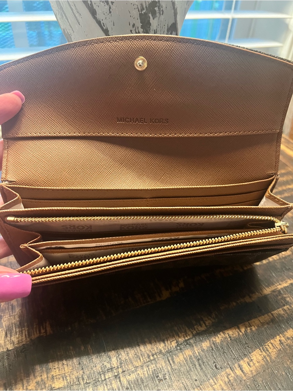 Michael Kors Brown Signature Logo Slim Flap Wallet with Gold Plaque - Picture 8 of 8
